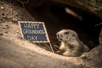 Happy Groundhog Day Celebration: Curious Groundhog Holding Sign at Burrow Entrance

