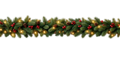 Elegant Christmas garland adorned with twinkling lights, ripe red berries, and natural pine cones to bring festive holiday cheer for seasonal designs