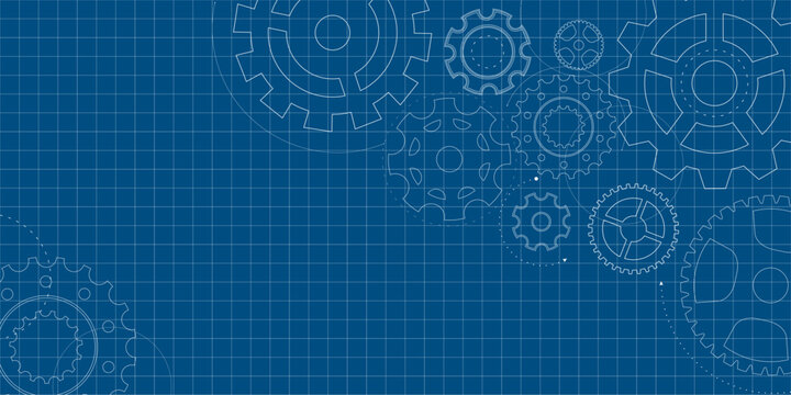 Gear blueprint technical mechanism construction background wheel industry pattern engineering. The graphic is built with smooth lines and form. A modern abstract asset for tech inspired sites.