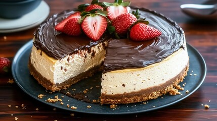 Strawberry Chocolate Missing-Slice Cheesecake, HD Food Photography Material, Cozy Dessert Ins Style, Strawberry Chocolate Cheesecake Collection, Suitable for E-commerce Promotion Posters, Social Media