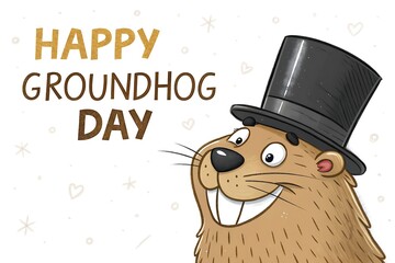 Happy Groundhog Day Cartoon: Groundhog With Top Hat Celebrating In Cute Style

