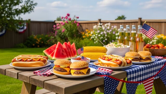 Celebrate summer with a vibrant outdoor barbecue featuring classic American foods and patriotic decorations for joyful family moments and festive gatherings - Powered by Adobe