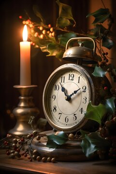 Vintage clock close‑up striking midnight &ndash; snowy holiday countdown vintage alarm clock on wooden background