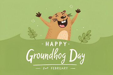 Happy Groundhog Day Illustration With Jubilant Groundhog Celebrating In A Green Field

