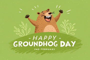 Happy Groundhog Day Illustration With Jubilant Groundhog Celebrating In A Green Field

