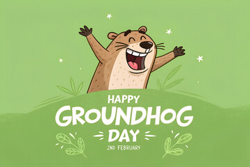 Happy Groundhog Day Illustration With Jubilant Groundhog Celebrating In A Green Field

