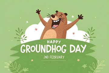 Happy Groundhog Day Illustration With Jubilant Groundhog Celebrating In A Green Field

