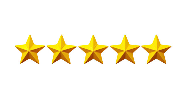 Five yellow stars rating and review symbol for customer feedback quality evaluation satisfaction and service assessment isolated on white background
