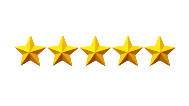 Five yellow stars rating and review symbol for customer feedback quality evaluation satisfaction and service assessment isolated on white background
