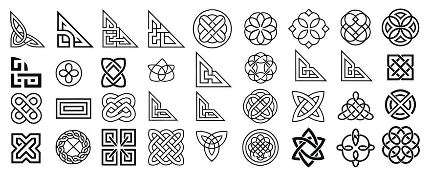 Celtic Ornamental Corner Set Featuring Irish Knot Border Frames and Medieval Decorative Elements Presented as Intricate Vector Designs for Traditional Page Framing and Artwork Enhancemen
