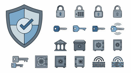 Security icons collection featuring shield with checkmark and various lock and key symbols on a white background