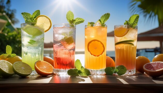 an array of summer inspired drinks each garnished with fresh citrus slices mint leaves and ice cubes epitomizing a refreshing and vibrant way to cool off under the sun