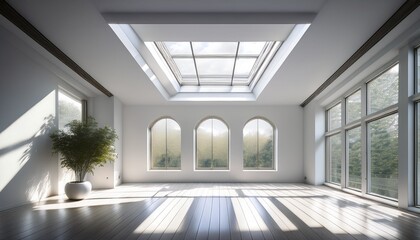 natural light flows through a skylight creating geometric patterns in a contemporary white room