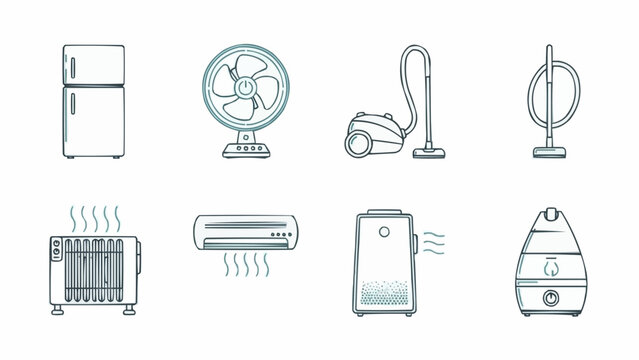 Vector Line Art Icons of Essential Modern Home Appliances and Comfort Devices. Collection of household electronics for daily living, including climate control and cleaning units - Powered by Adobe