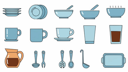 Fototapeta premium Collection of assorted kitchenware and tableware items, including cups, bowls, plates, pitchers, and serving utensils