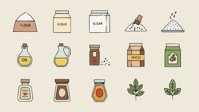 Collection of Ingredients and Spices for Cooking and Baking, Featuring Oil, Flour, Sugar, Spices, and Herbs