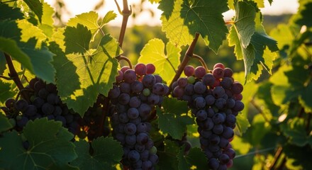 Naklejka premium Bunches of red grapes on a vine with green leaves in a vineyard at sunset.