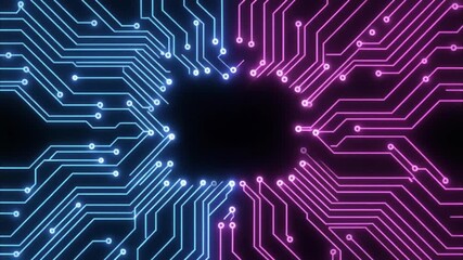 Futuristic circuit board with neon blue and pink connections. - Powered by Adobe