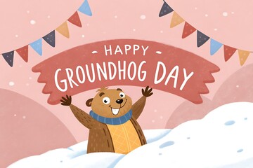 Happy Groundhog Day Celebration With Cartoon Groundhog Outdoors, Snow, and Festive Banners

