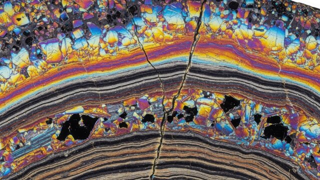 Microscopic view of a geological thin section revealing colorful concentric layers and crystalline structures under polarized light.