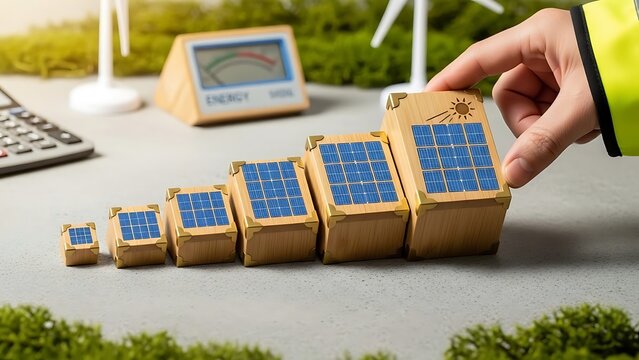 Hand placing solar panel box in increasing order with wind turbines and energy meter in background