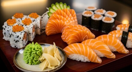 A vibrant sushi spread featuring salmon nigiri, sashimi, maki, and uramaki rolls with roe and sesame, elegantly arranged with wasabi, pickled ginger and cucumber garnish for traditional Japanese food.