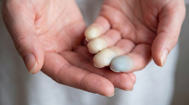 Woman's hands suffering from Raynaud's syndrome with pale white and blue fingers due to vasospasm and poor circulation