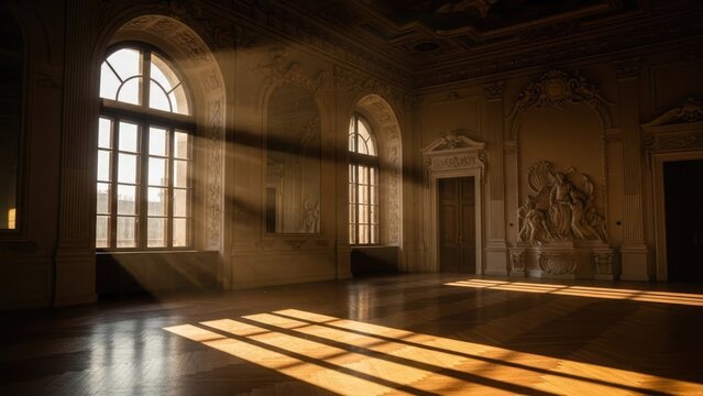 Sunlight streams through arched windows in a grand, empty room with ornate details and a polished floor.