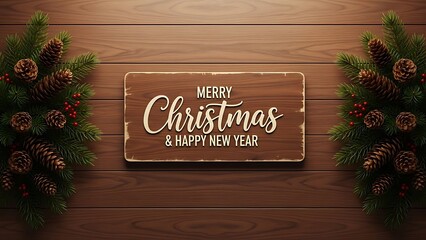 Merry christmas and happy new year text on wooden sign with pine cones and branches decor on wood planks
