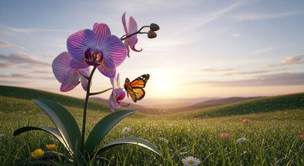 A vibrant orchid flower with a butterfly on a grassy field at sunset.