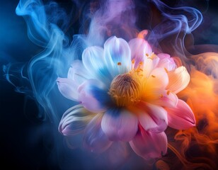 ethereal image of flowers surrounded by smoke with dynamic colored lighting effects