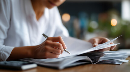 Accountant reviewing audit documents with quality checklist assessment management system business evaluation process document verification protocol online quality inspection