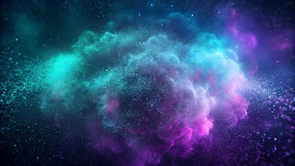 Fototapeta premium Vibrant cosmic dust nebula shimmering with brilliant teal, blue, and purple particles, forming an ethereal abstract background. illustration