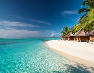 tropical bungalows standing on sandy beach beside turquoise ocean