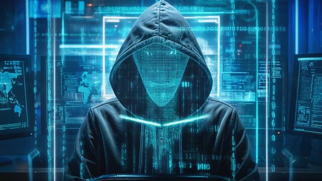 青い光の中でパーカー姿の男性が未来テクノロジー情報を解析する場面