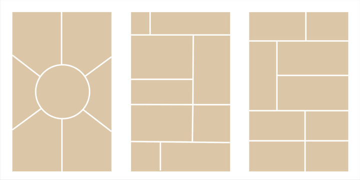 Image collage layout template. Beige mosaic mood board grid collection. Picture frame set. Photo album idea for banner, poster, comic page, flyer, brochure, booklet, memory wall design. Vector pack