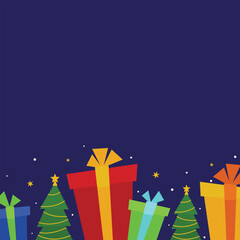 Christmas themed background illustration with colorful wrapped gift boxes and decorated pine trees against dark blue background suitable for seasonal events, social media posts, holiday, and promos.