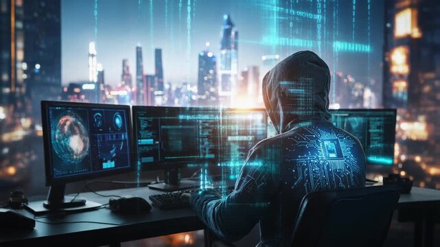夜景を背景にした男性が未来テクノロジー社会の情報を監視する構図