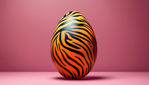 a unique egg adorned with vivid tiger stripes on a simple pink background exemplifies artistic surrealism