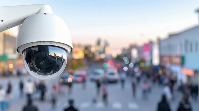 通りを見下ろす防犯カメラがセキュリティ強化を示す都市の風景