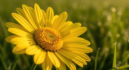 A vibrant yellow daisy in a grassy field with dew drops, set against a blurred green background.