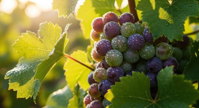 Bunch of grapes on a vine with dew drops, set against a blurred background. - Powered by Adobe