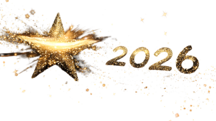 Golden starburst with shimmering particles and the year 2026 on a black background design