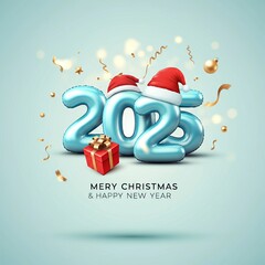 Light Blue 2025 Balloons with Santa Hats Merry Christmas New Year Advertisement Post