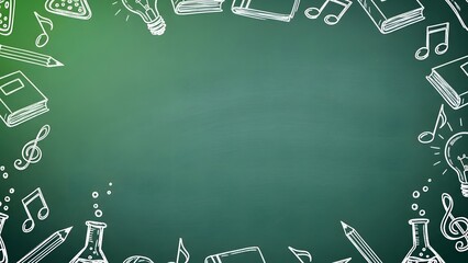 Chalkboard border with school supplies and music notes for education and learning