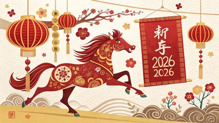 Naklejka premium Chinese New Year 2026 running horse banner with red lanterns
