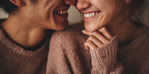 The couple’s hands hold matching coffee mugs, faces partially visible with soft smiles, coral pink and soft teal clothing, warm ivory light falling across their skin.