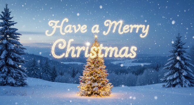 A serene winter landscape with a lit-up Christmas tree, snowflakes falling, and a message saying 'Have a Merry Christmas' - Powered by Adobe