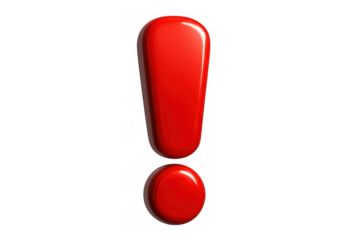Red glossy 3d exclamation mark symbol highlighting warning, alert, attention, information, and danger on transparent background