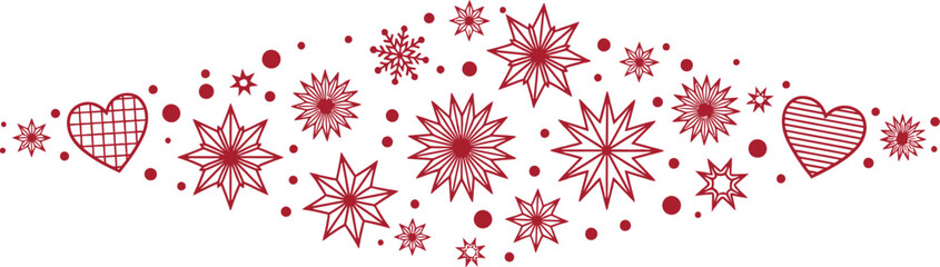 Celebration themed decorative ornament vector featuring a variety of heart shapes and snowflake elements. Design suitable for event decoration and banner in red color